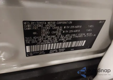 2021 Toyota Venza Le из США, поврежденный, VIN JTEAAAAH8MJ073091